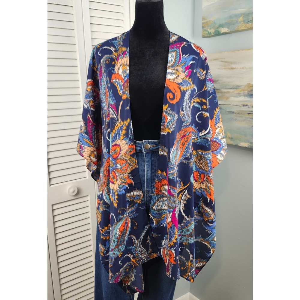 Iman Satin Kimono Navy Blue Floral One Size Cape Resortwear Cover Up NWT